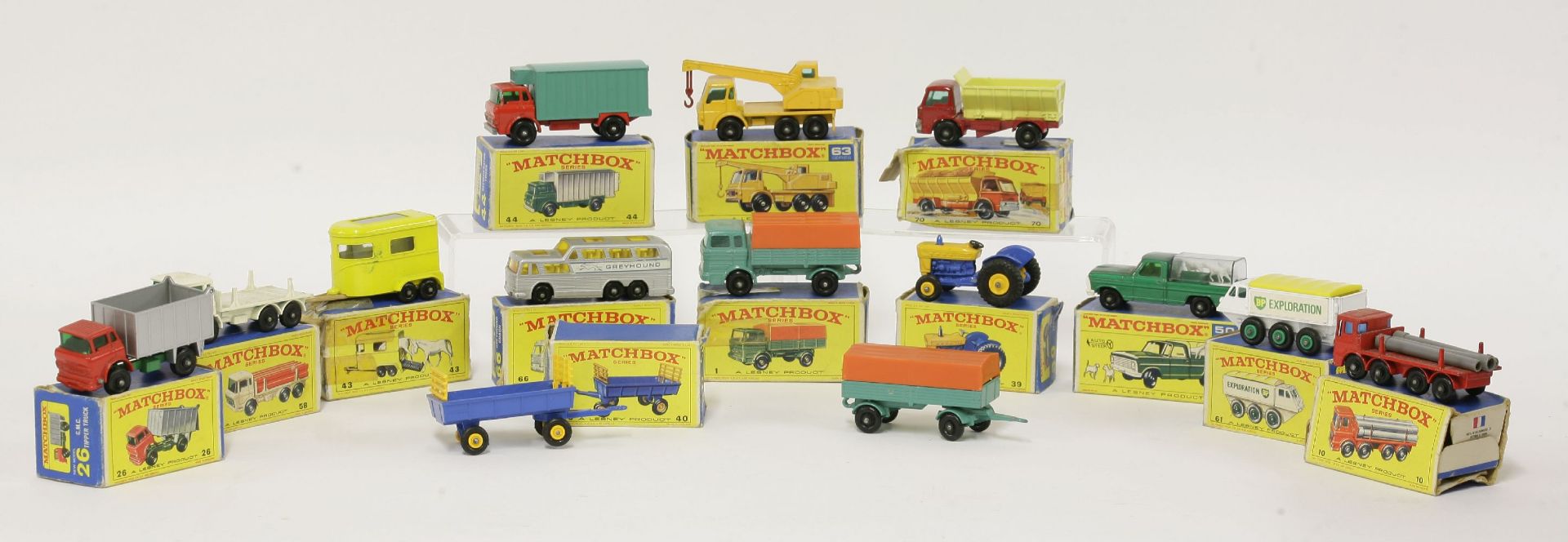 Fourteen Matchbox die cast trucks, comprising (1) Mercedes truck, (10) Leyland fire truck, (26)