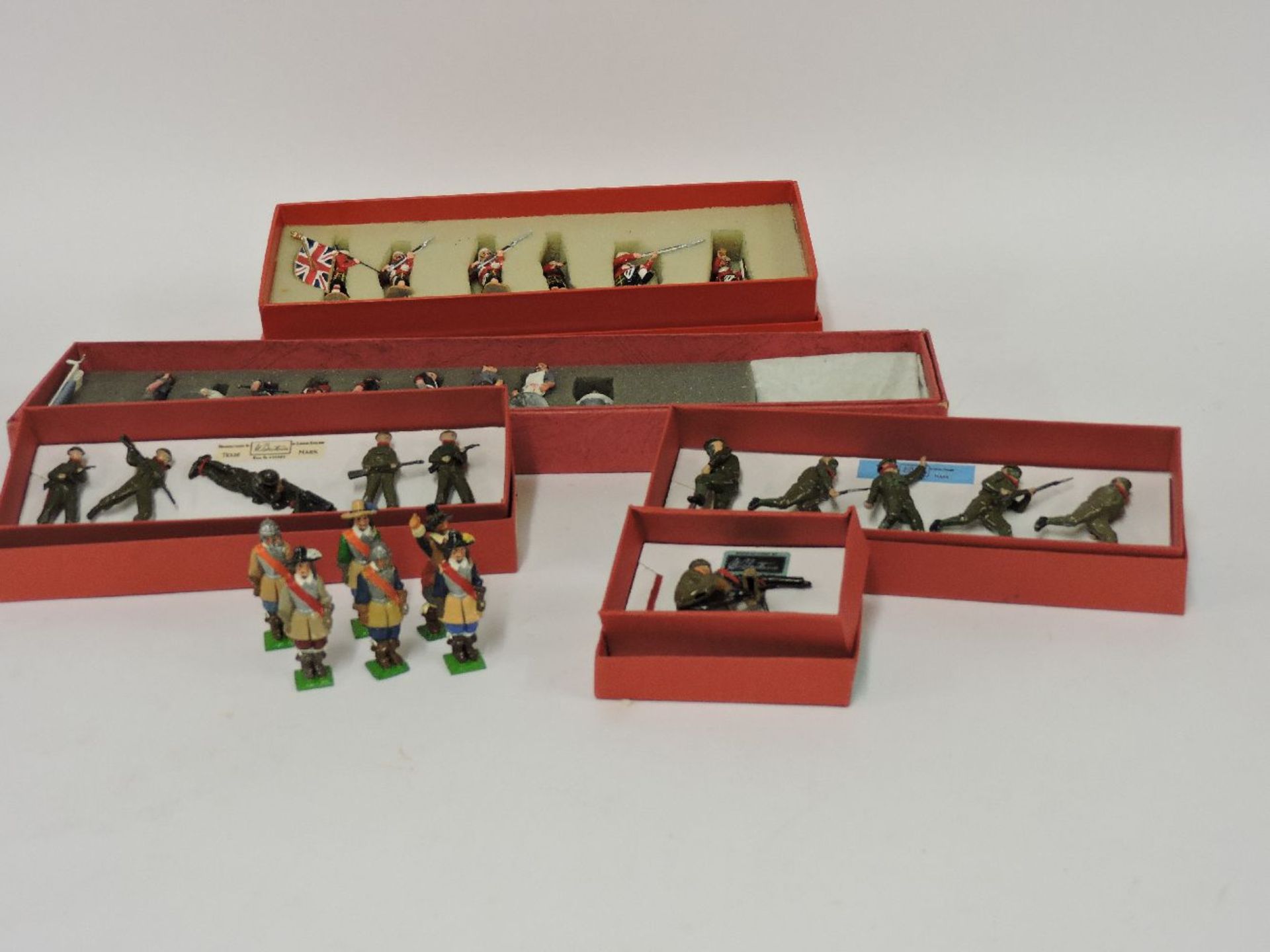 Six boxes of Britain's style cold painted soldiers, to include British infantry soldiers in