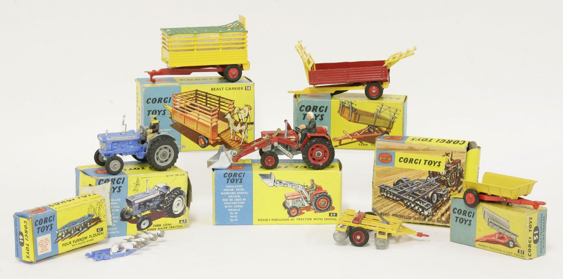 Corgi agricultural machinery, comprising (67) Ford 5000 super major tractor, (69) Massey-Ferguson