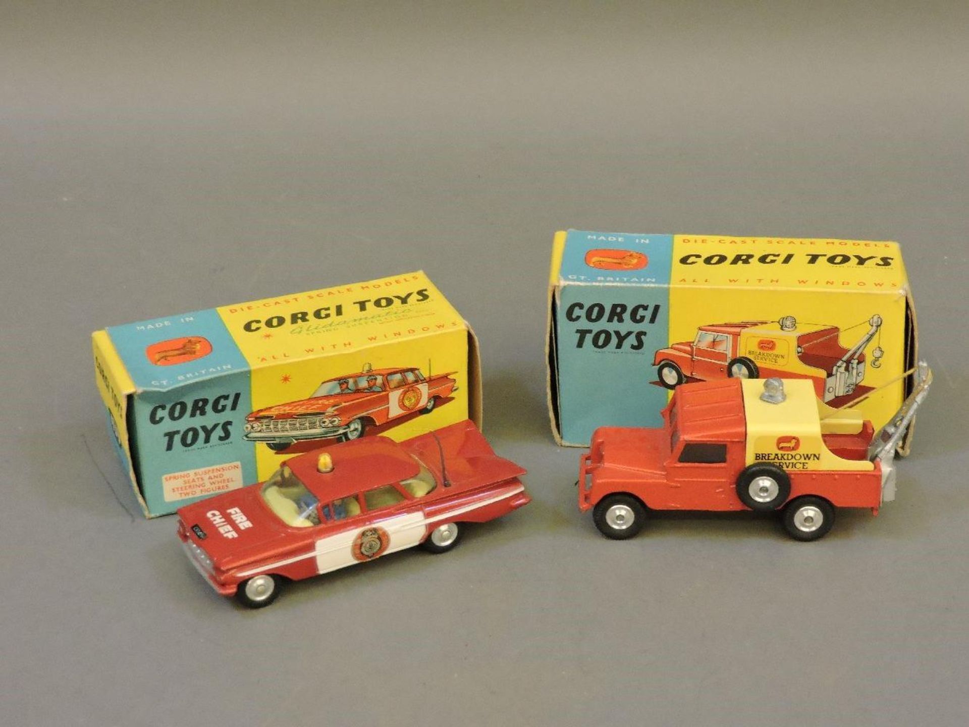 Corgi 417 Land Rover breakdown truck, boxed, Corgi 439 Chevrolet fire chief, boxed