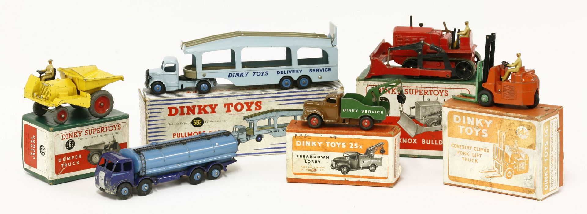 Dinky Toys, a breakdown lorry 25x, in an orange box, a Coventry Climax fork lift truck, orange