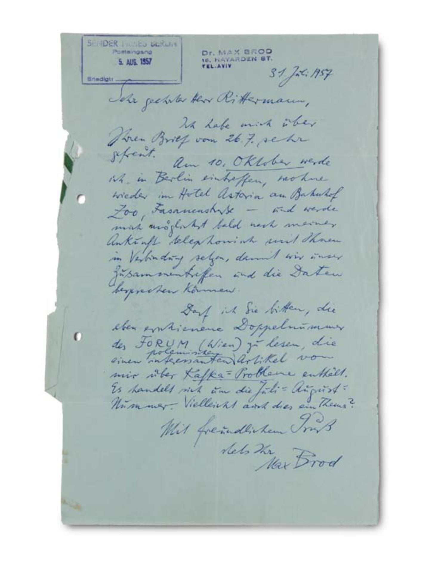 Brod, Max. Eigenhändiger Brief mit Unterschrift an Hans Rittermann im Sender Freies Berlin,