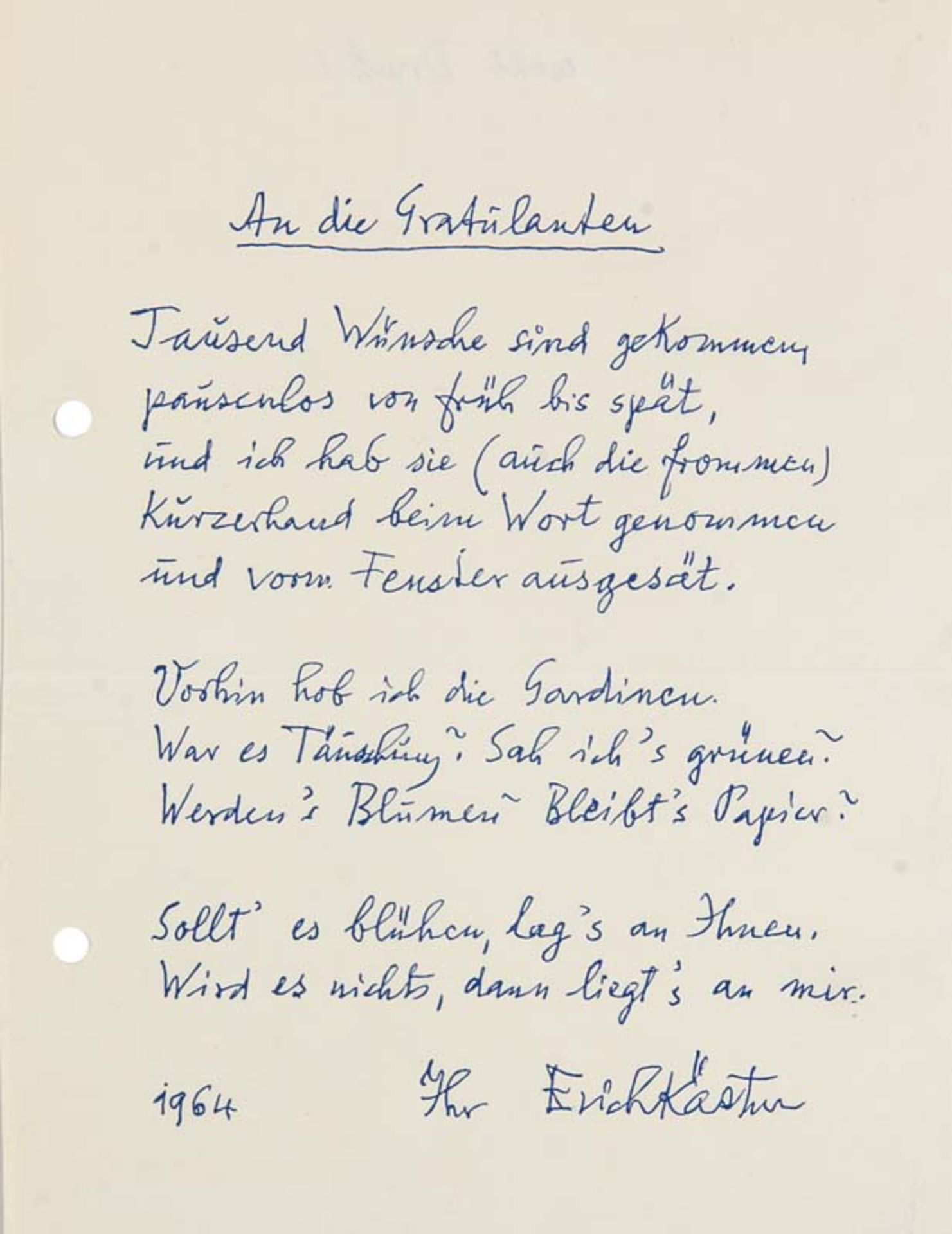 Kästner, Erich. Eigenhändiger Brief mit Unterschrift an den Autor und Lektor Max Krell (hier gen. "