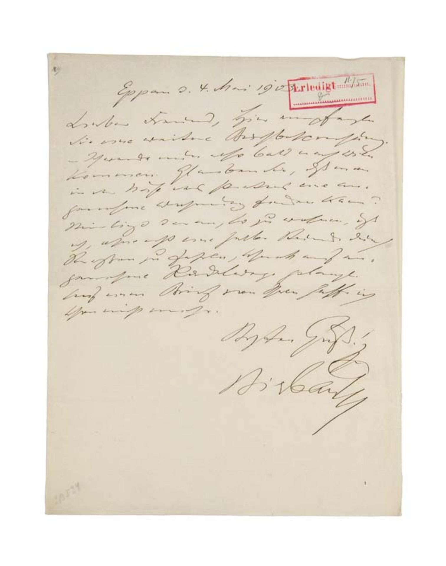 Bierbaum, Otto Julius. Eigenhändiger Brief mit Unterschrift an einen "lieben Freund". Eppan (Schloss