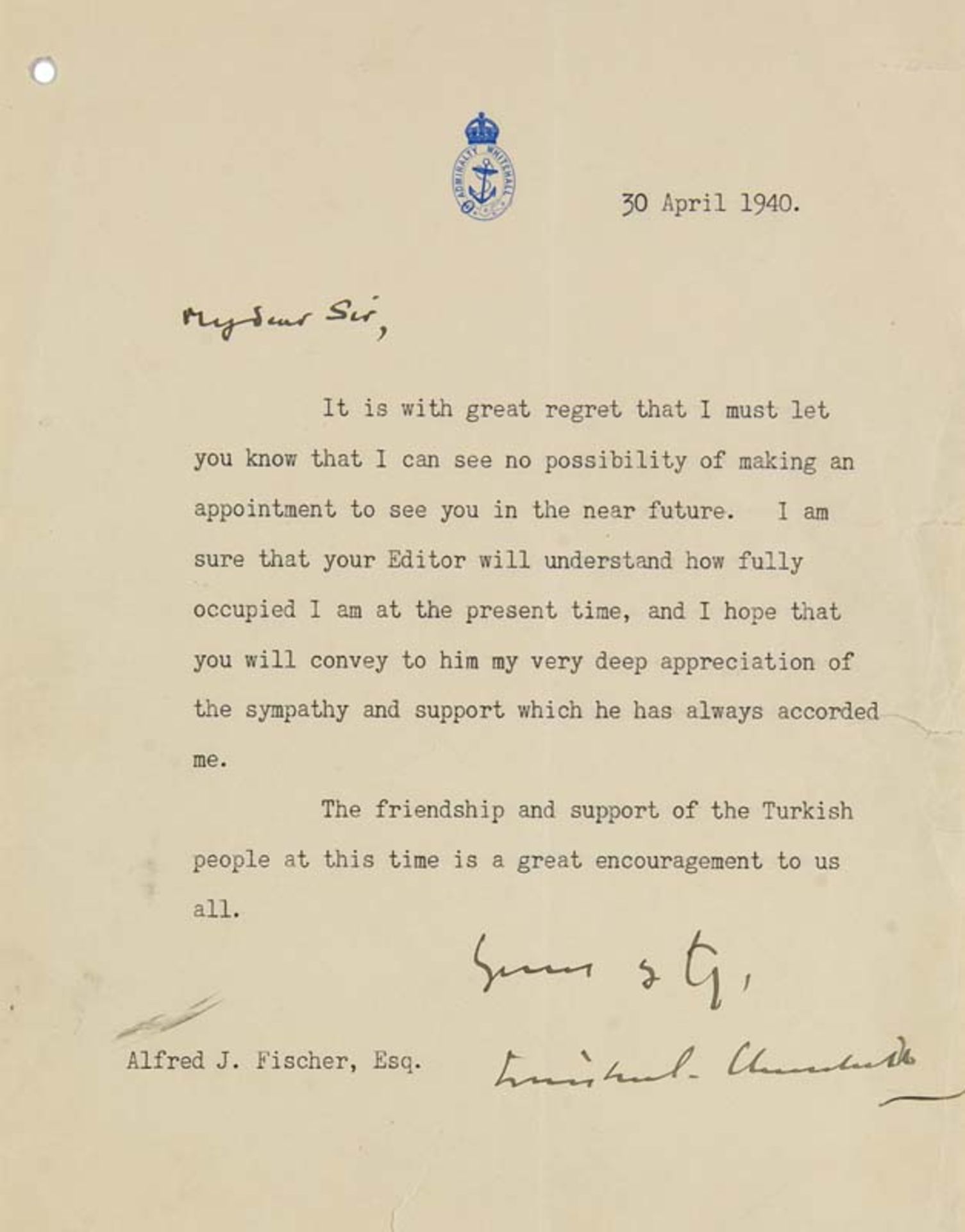 Churchill, Winston. Maschinenschriftlicher Brief mit eigenhändiger Unterschrift an den