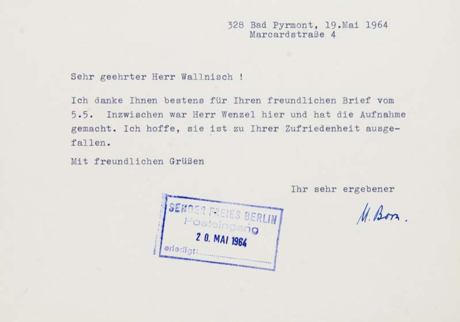 Born, Max. Maschinenschriftlicher Brief mit eigenhändiger Unterschrift an Paul Wallnisch vom