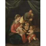 Künstler des 19. Jhd.. Maria, Josef, das Jesuskind und zwei Putti. Öl auf Kupfer. 27,5 x 20,5 cm.