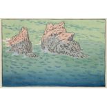 Ploumanac. Woodblock print on buff Japan. Partially mounted under passepartout. Inscribed in