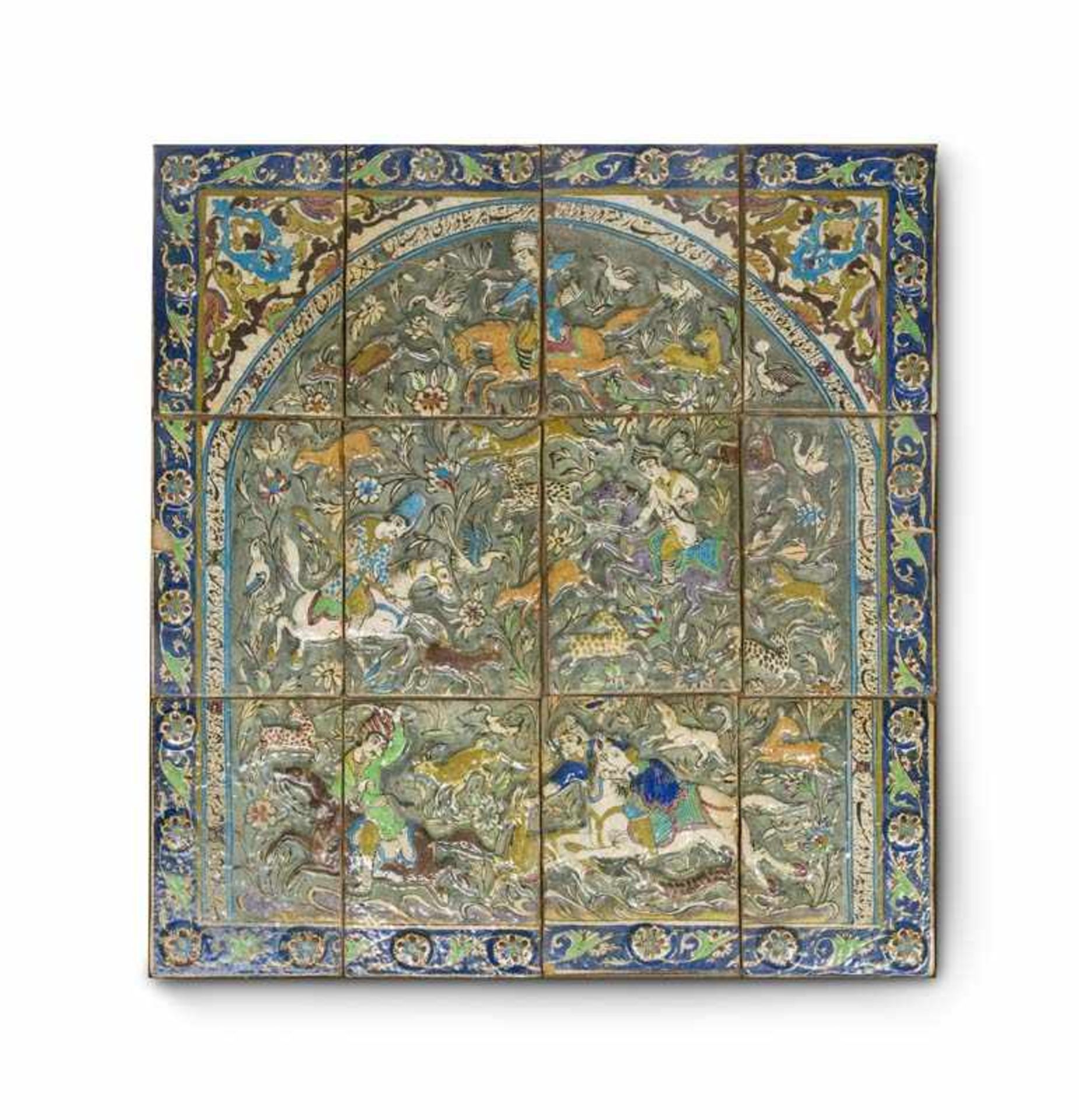 Deer hunting. Persian tile painting. Persia, Quadjar dynasty (1796-1926), 19th century. Mounted in a