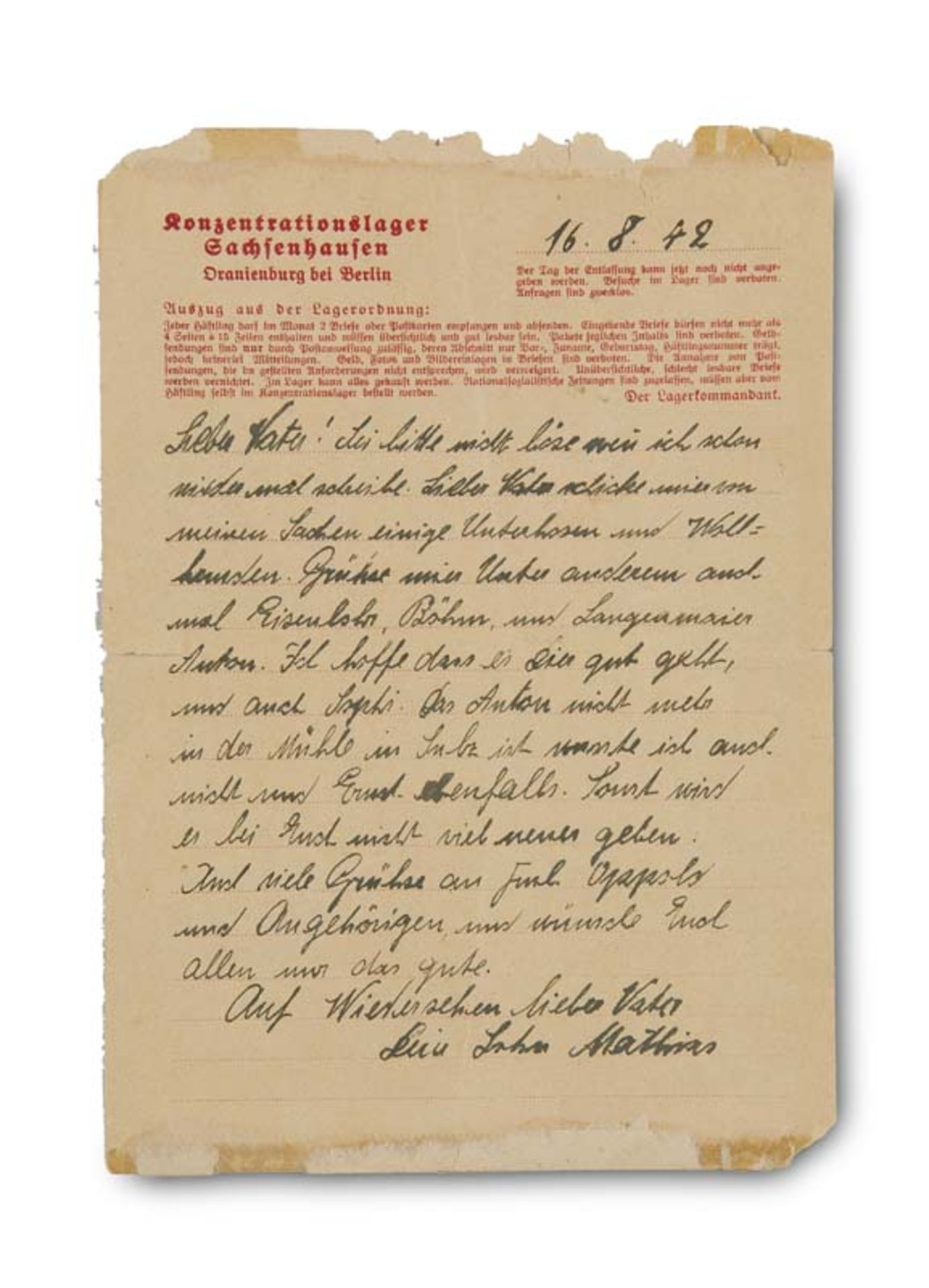 Nationalsozialismus - Holocaust - - Weh, Mathias. Eigenhändig verfasster Brief des Strafhäftlings im