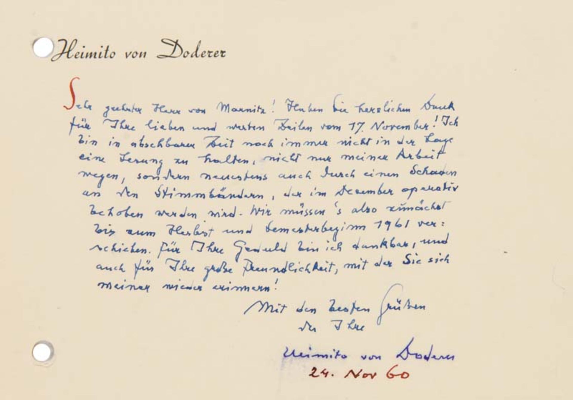 Doderer, Heimito von. Eigenhändige Briefpostkarte mit Unterschrift an Viktor von Marwitz,