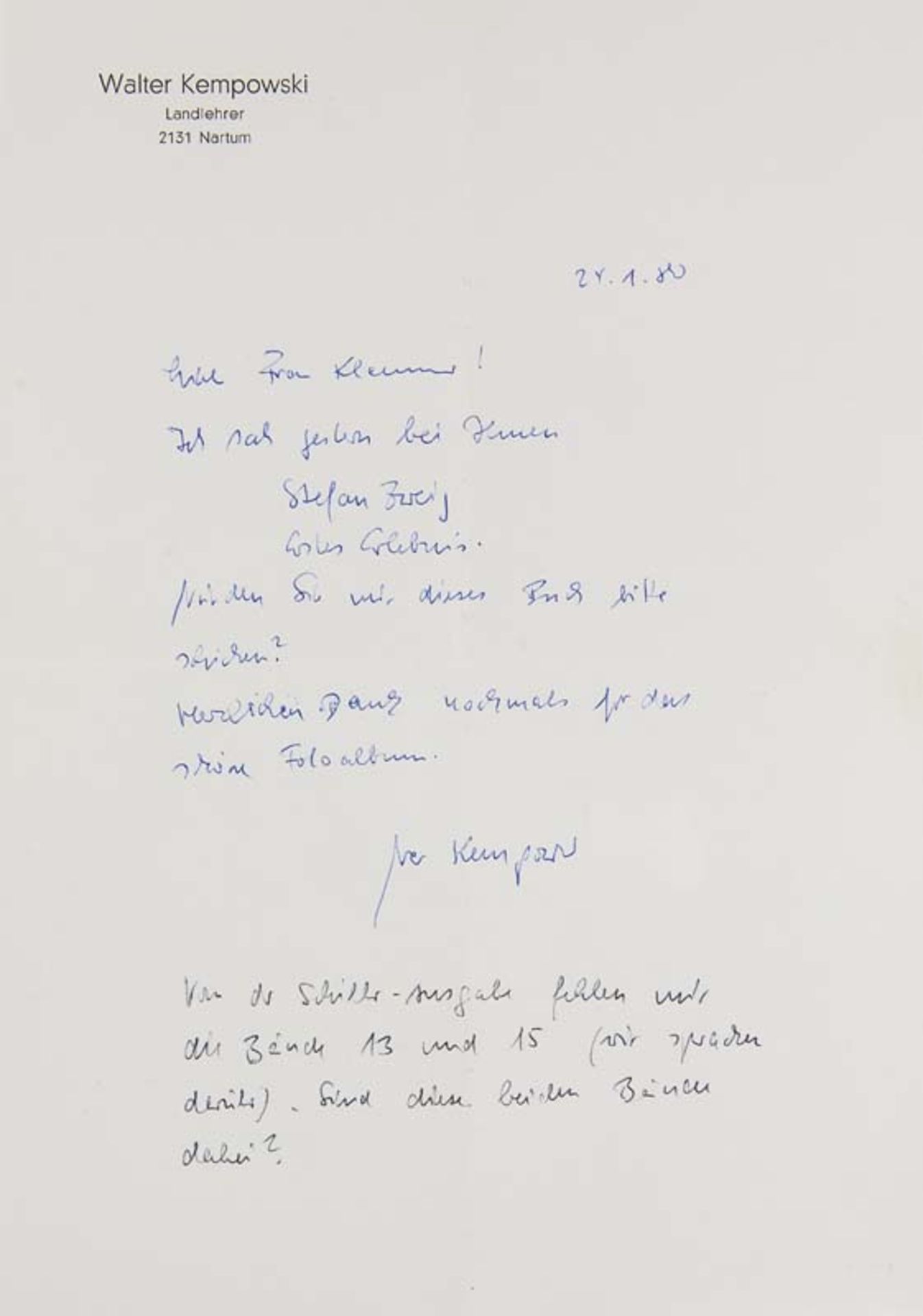 Kempowski, Walter. Eigenhändiges Schreiben mit Unterschrift an Frau Klemmer im Antiquariat Düwal