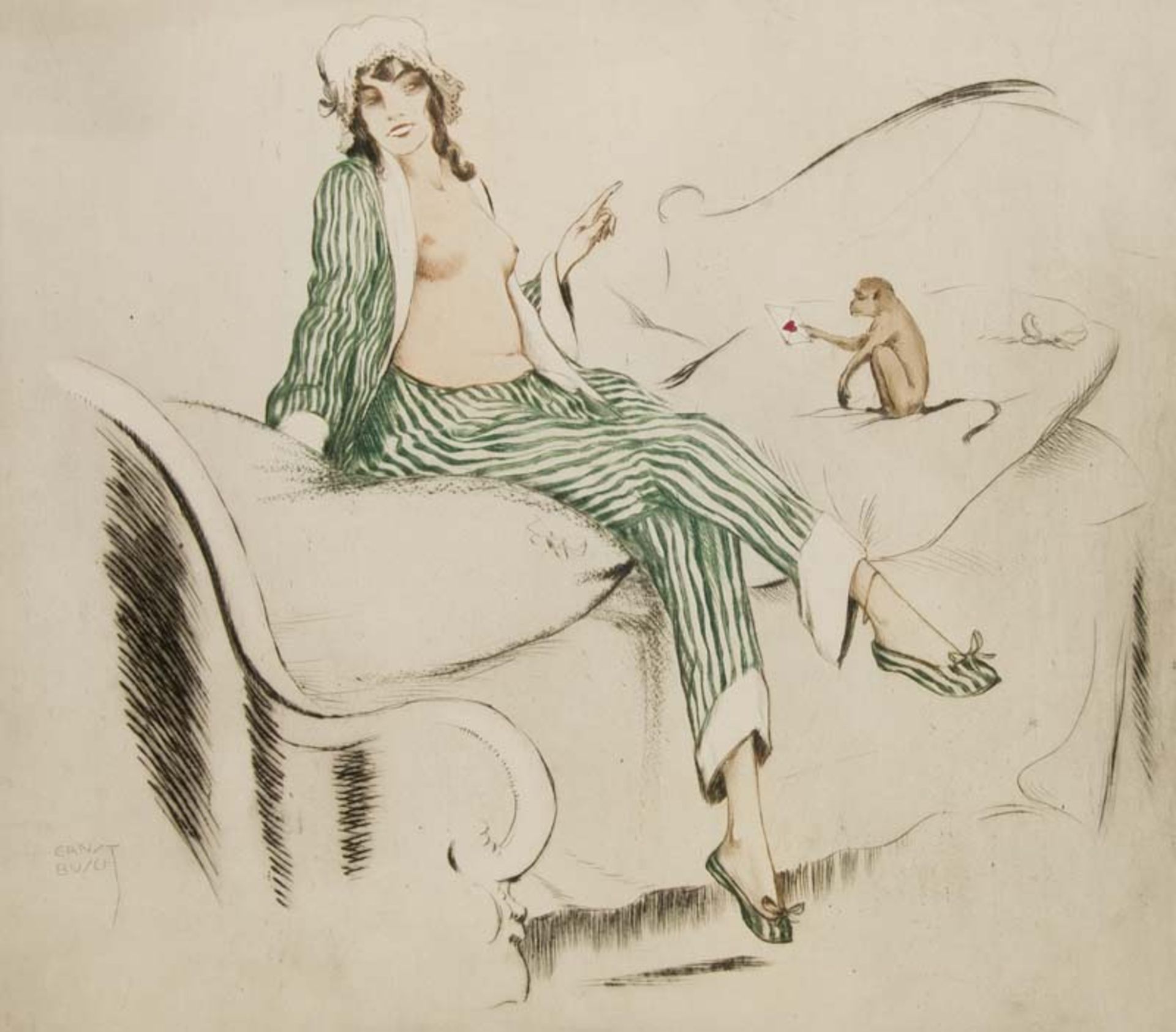 Busch, Ernst (Grafiker). Dame mit Affe. Farbradierung auf chamoisfarbenem Papier. 35 x 39,5 cm (41,5