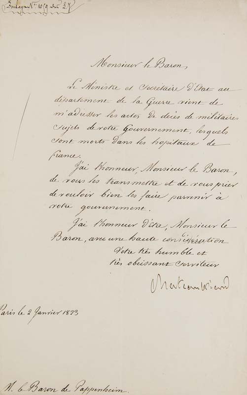 Chateaubriand, François René Vicomte de. Eigenhändiger Brief mit Unterschrift an Monsieur le Baron