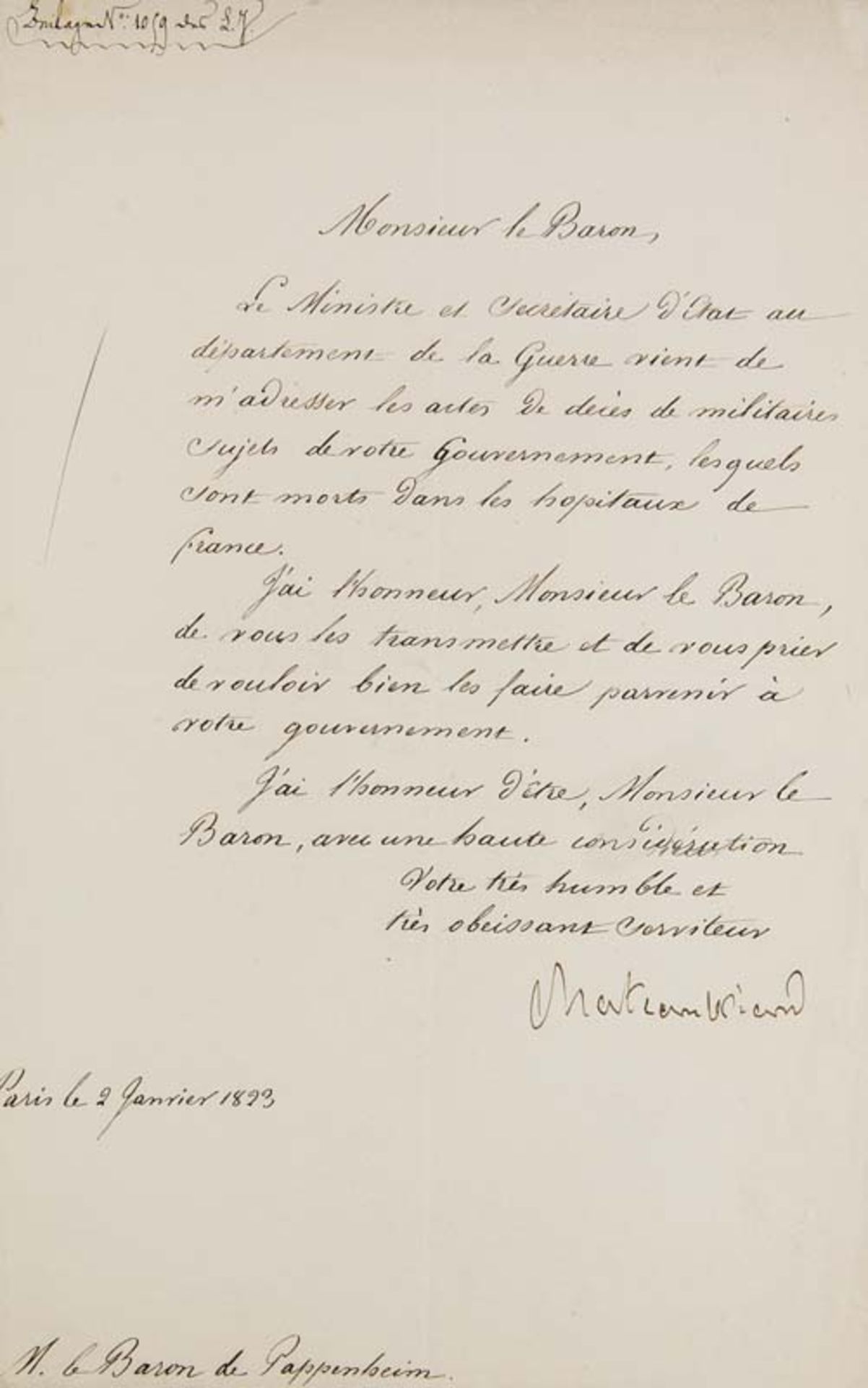 Chateaubriand, François René Vicomte de. Eigenhändiger Brief mit Unterschrift an Monsieur le Baron