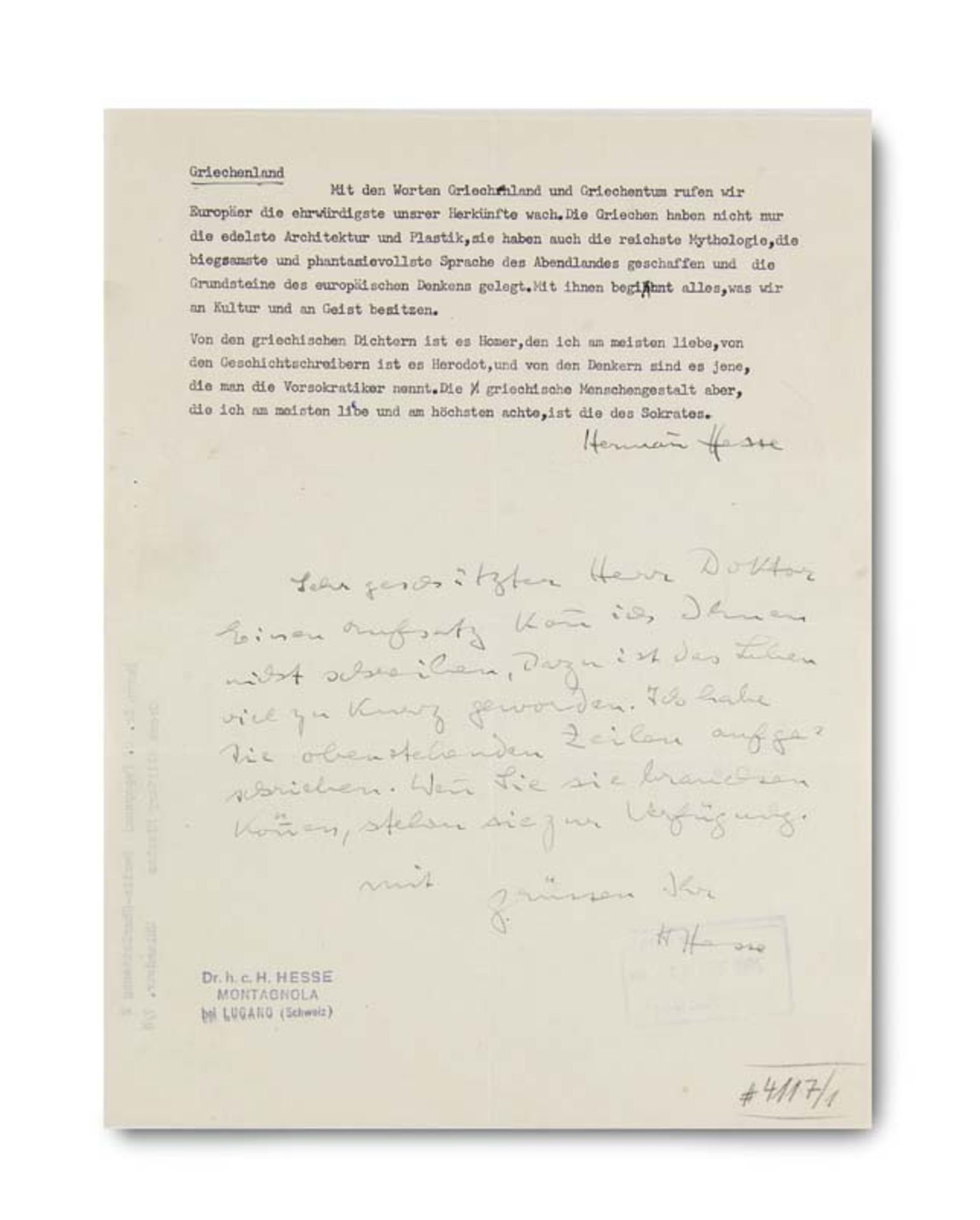 Hesse, Hermann. Maschinenschriftlicher Brief mit eigenhändiger Unterschrift und eigenhändigem,