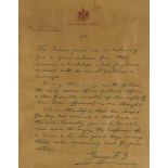 Georg V., König. Eigenhändiger Brief mit Unterschrift an "22900 L/Cpl H Tapp, 6th Northamptons." (