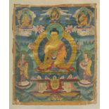 Asiatika - - Thangka des Buddha Shakyamuni. 19./20. Jhd. Gouache und Gold auf Stoff. 38 x 32 cm.