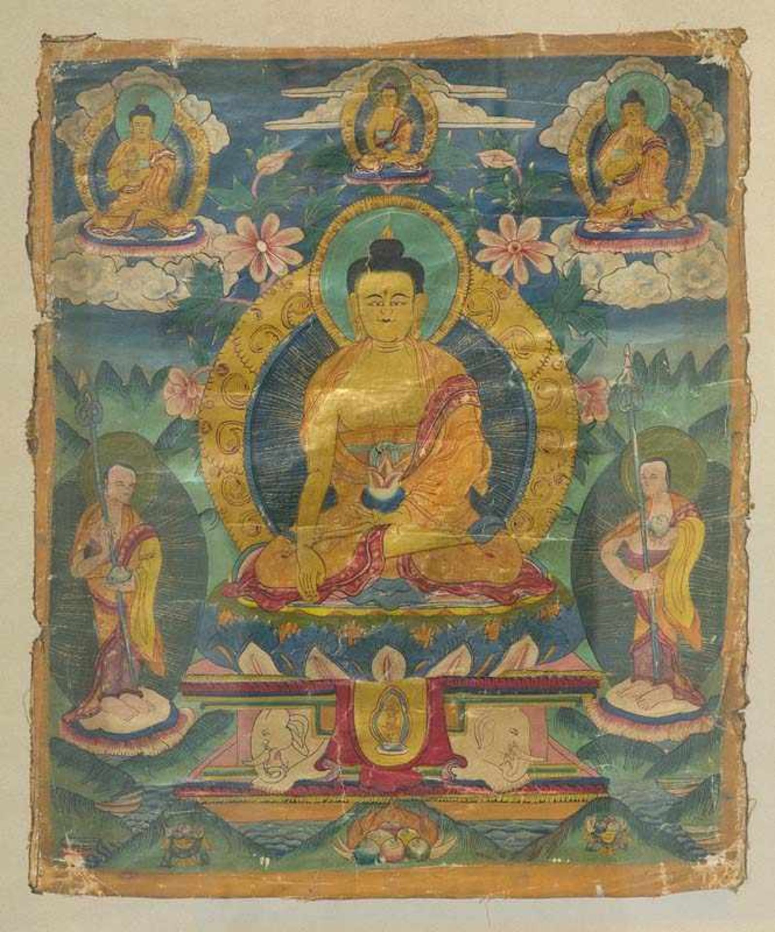 Asiatika - - Thangka des Buddha Shakyamuni. 19./20. Jhd. Gouache und Gold auf Stoff. 38 x 32 cm.