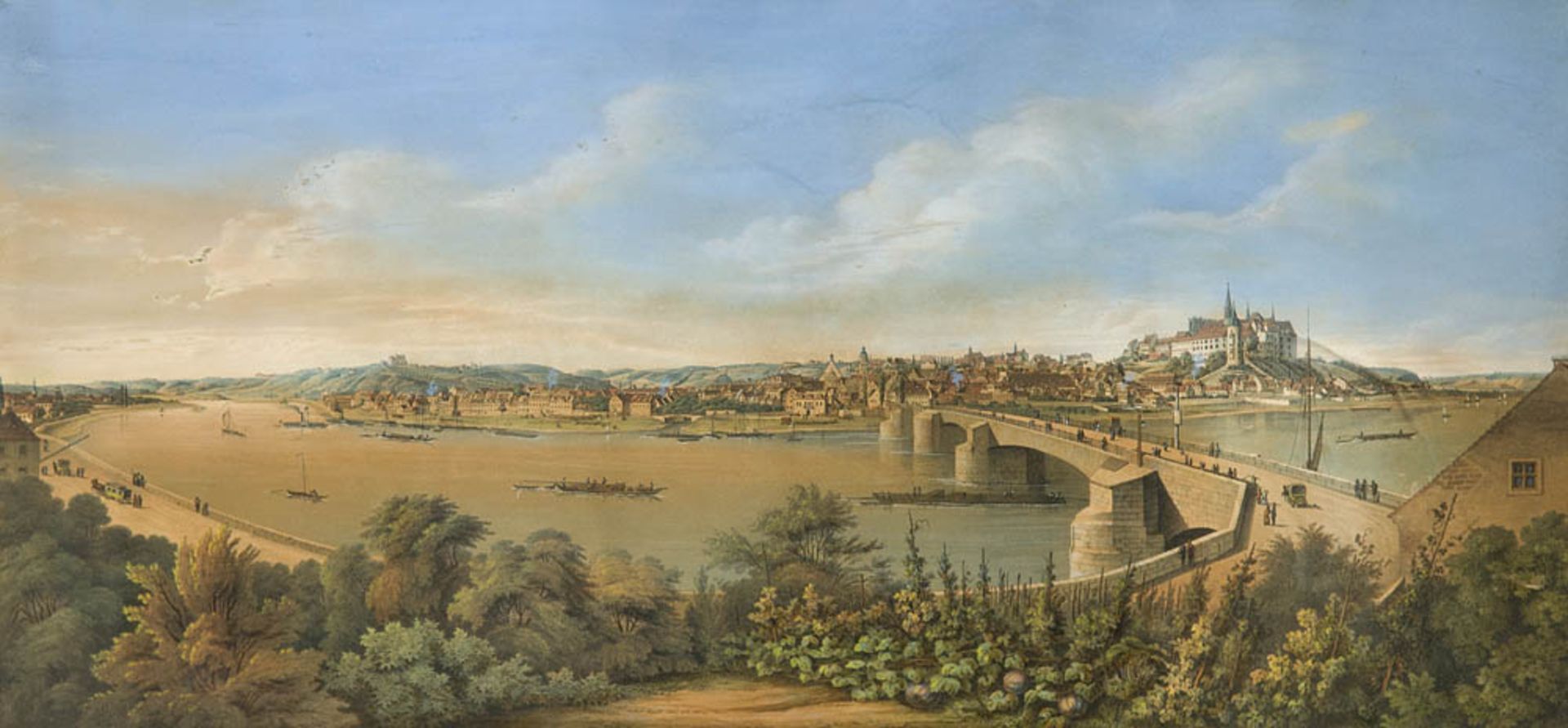 Sachsen - - Panorama von Meißen, über die Elbe gesehen. Um 1850. Anonyme Kreidelithographie. 37 x 78