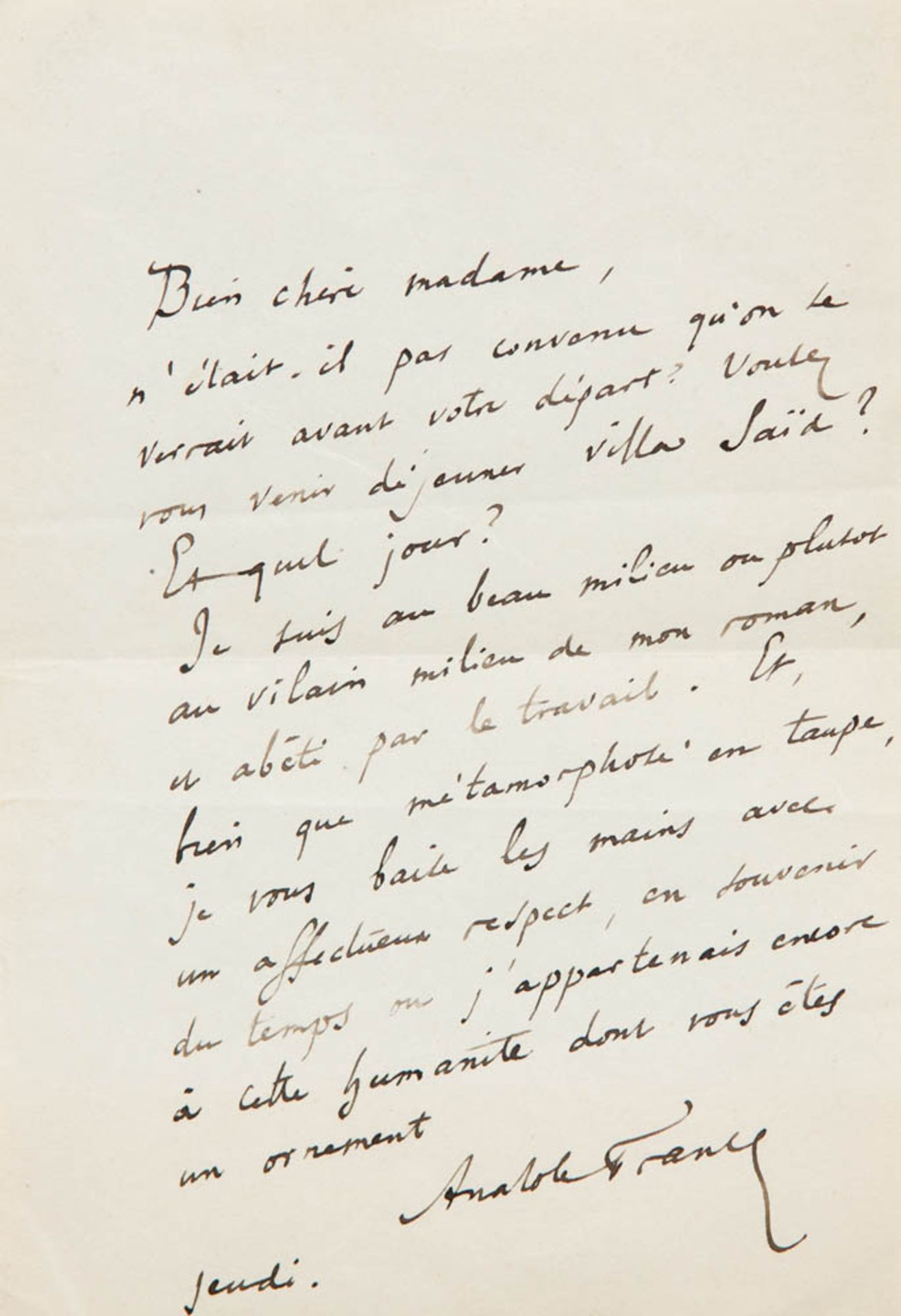 France, Anatole. Eigenhändiger Brief mit Unterschrift an die Schriftstellerin Marie Scheikévitch (