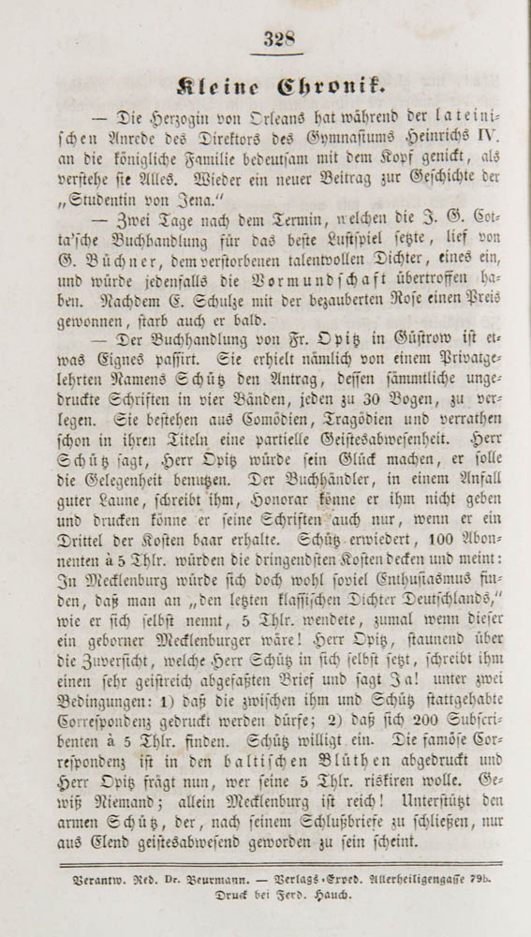 Büchner, Georg - - Beurmann, Eduard [Herausgeber des "Telegraph"] - Gutzkow, Karl.. Gedruckter