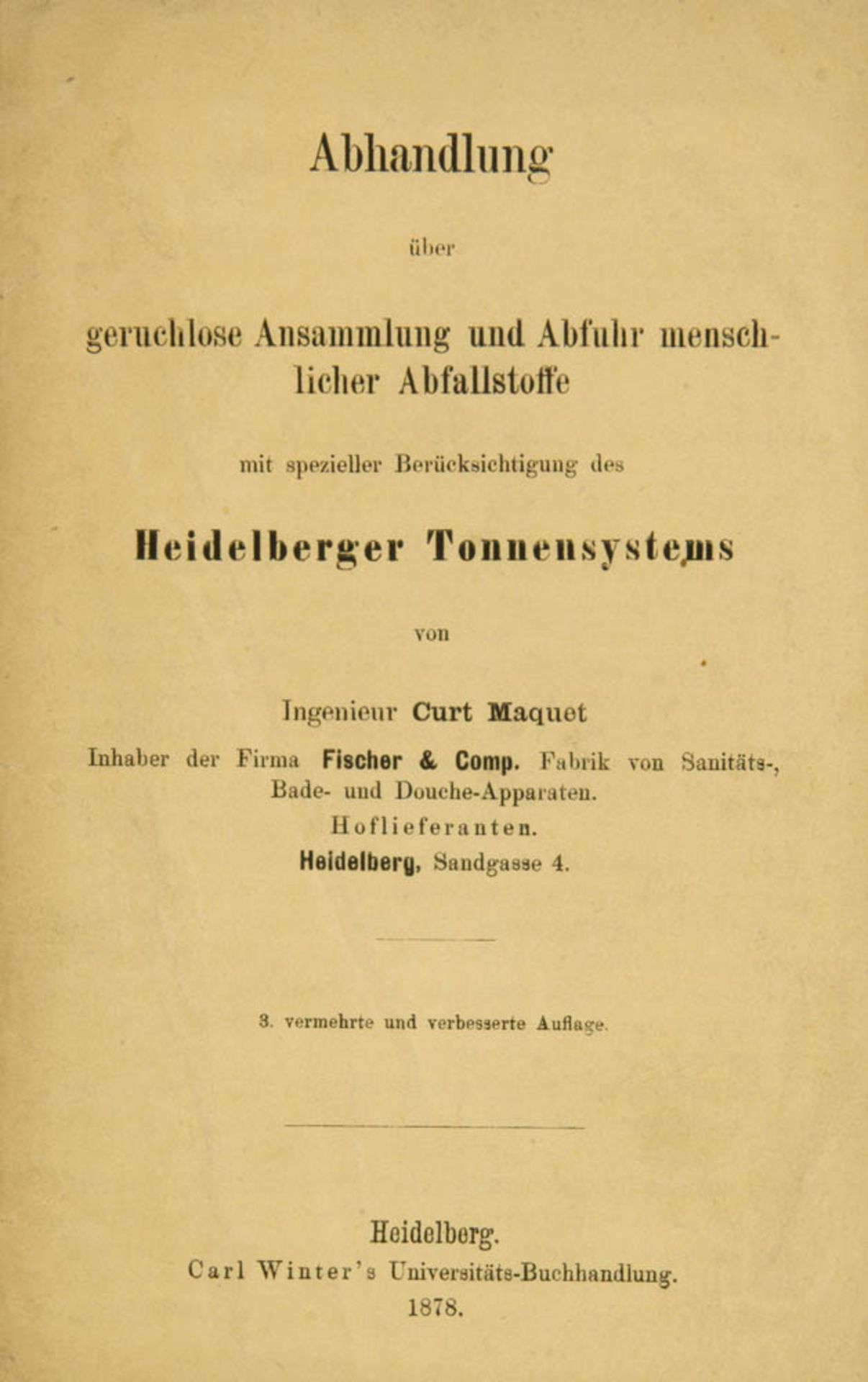 Maquet, Curt. Abhandlung über geruchlose Ansammlung und Abfuhr menschlicher Abfallstoffe mit