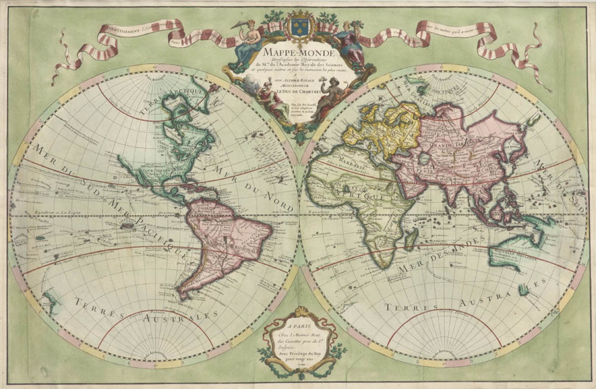 Weltkarte - - Mappe-Monde. Dreßé sur les Observations de M.rs de l'Academie Royale des Sciences.