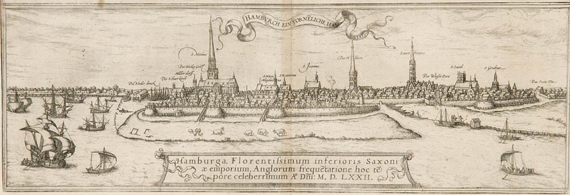 Hamburg - - Hamburga, Florentissimum inferioris Saxoni ... 1572. Kupferstichansicht aus Braun und