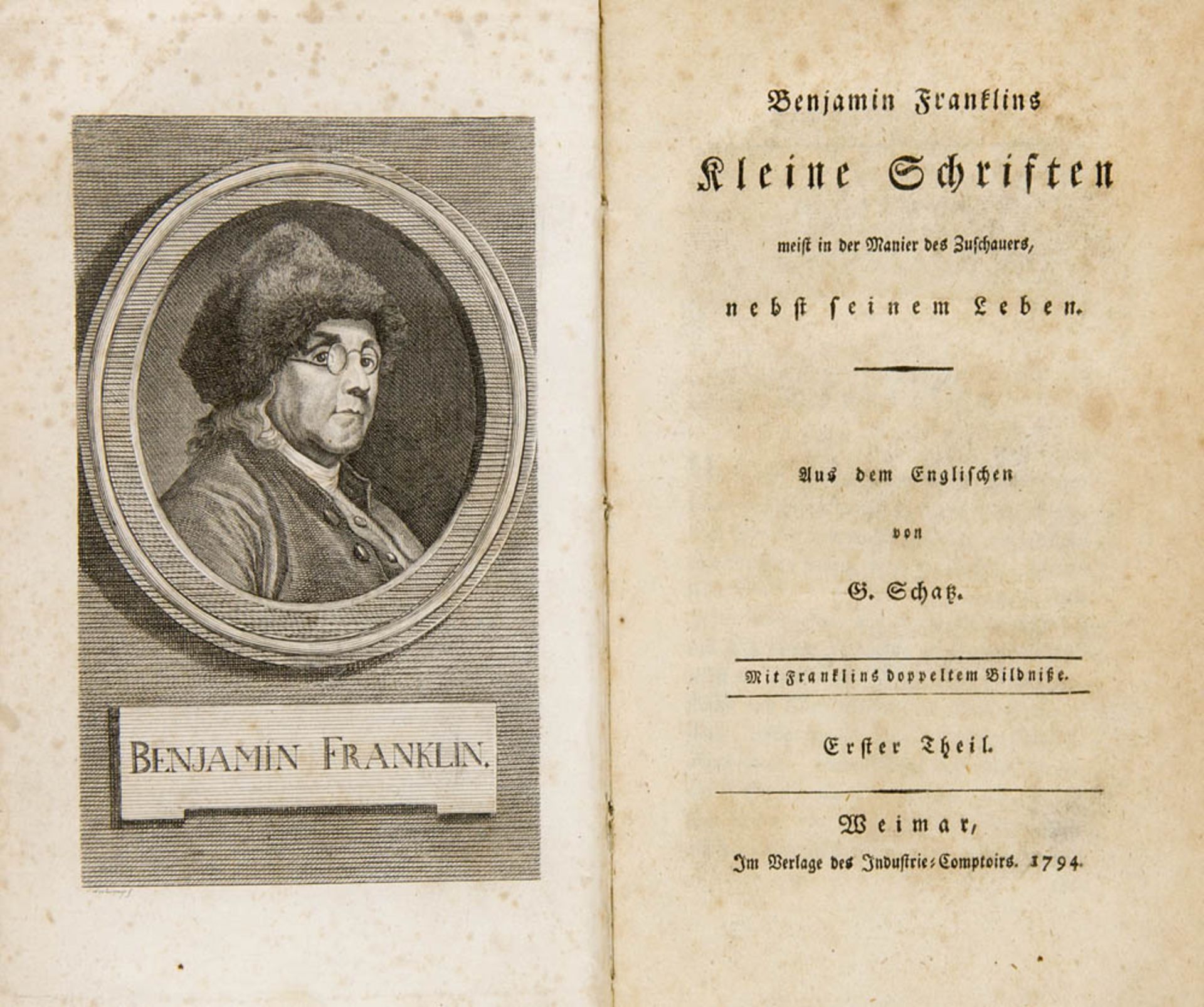 Franklin, Benjamin. Kleine Schriften meist in der Manier des Zuschauers, nebst seinem Leben. 2