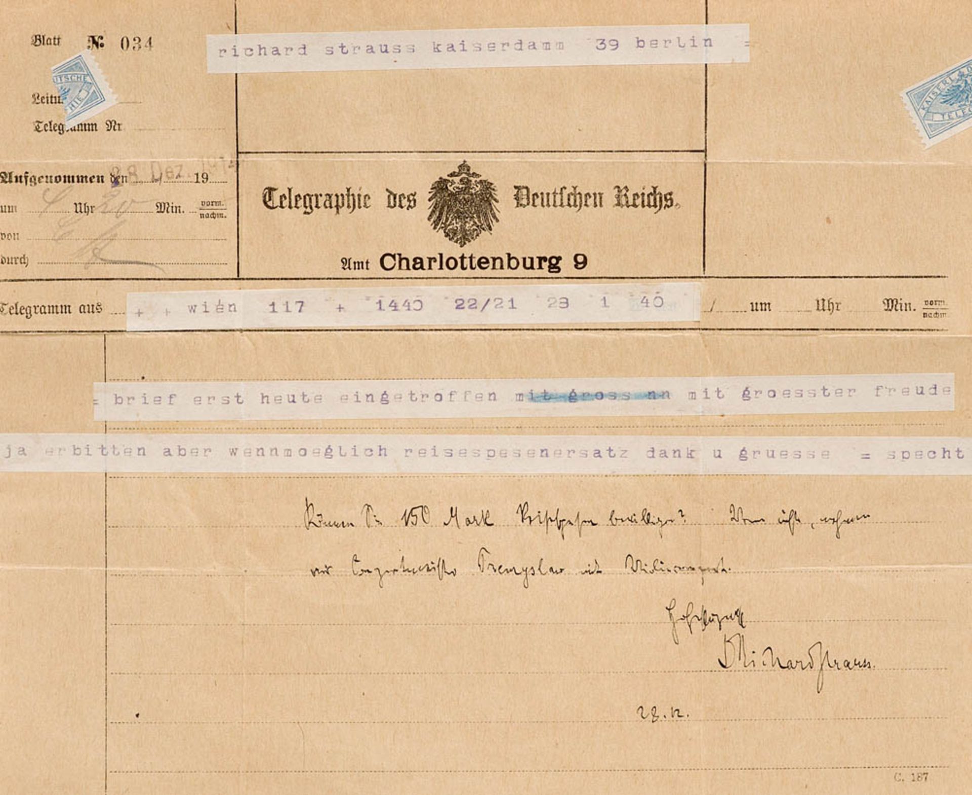 Strauss, Richard. Eigenhändige Nachricht mit Unterschrift unterhalb eines Telegramms von Richard