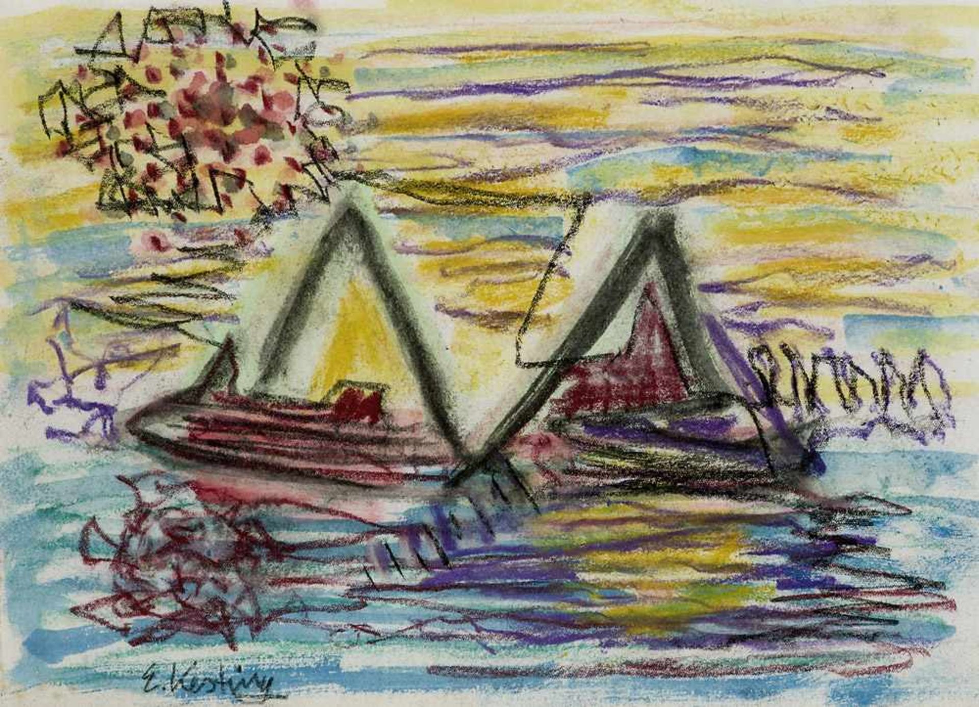 Kesting, Edmund. (1892 Dresden - 1970 Berlin). Segelboote im Sonnenuntergang. (1960er Jahre).