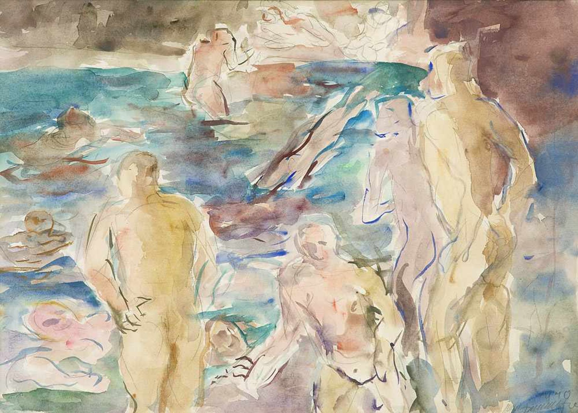 Henninger, Manfred. (1894 Backnang - 1986 Stuttgart). Im Schwimmbad II. 1970. Aquarell auf