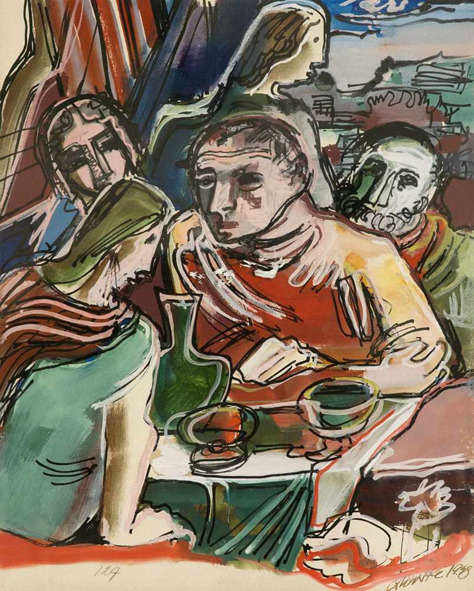 Orlowski, Hans (1894 Ostpreußen - 1967 Berlin)Zu Tisch. 1948. Gouache auf Papier. Passepartoutmaße