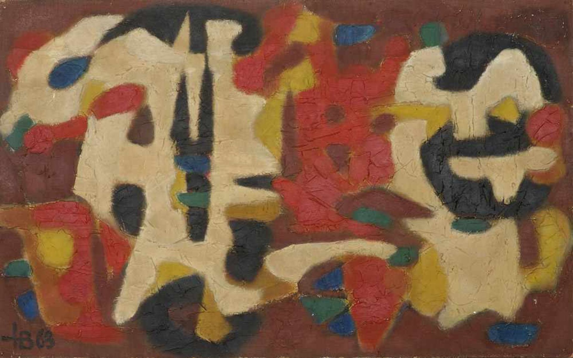 Barthel, Hugo. (1918 Deutschland). o.T. 1963. Öl und Collage auf Platte. 52,5 x 83,5 cm. Links