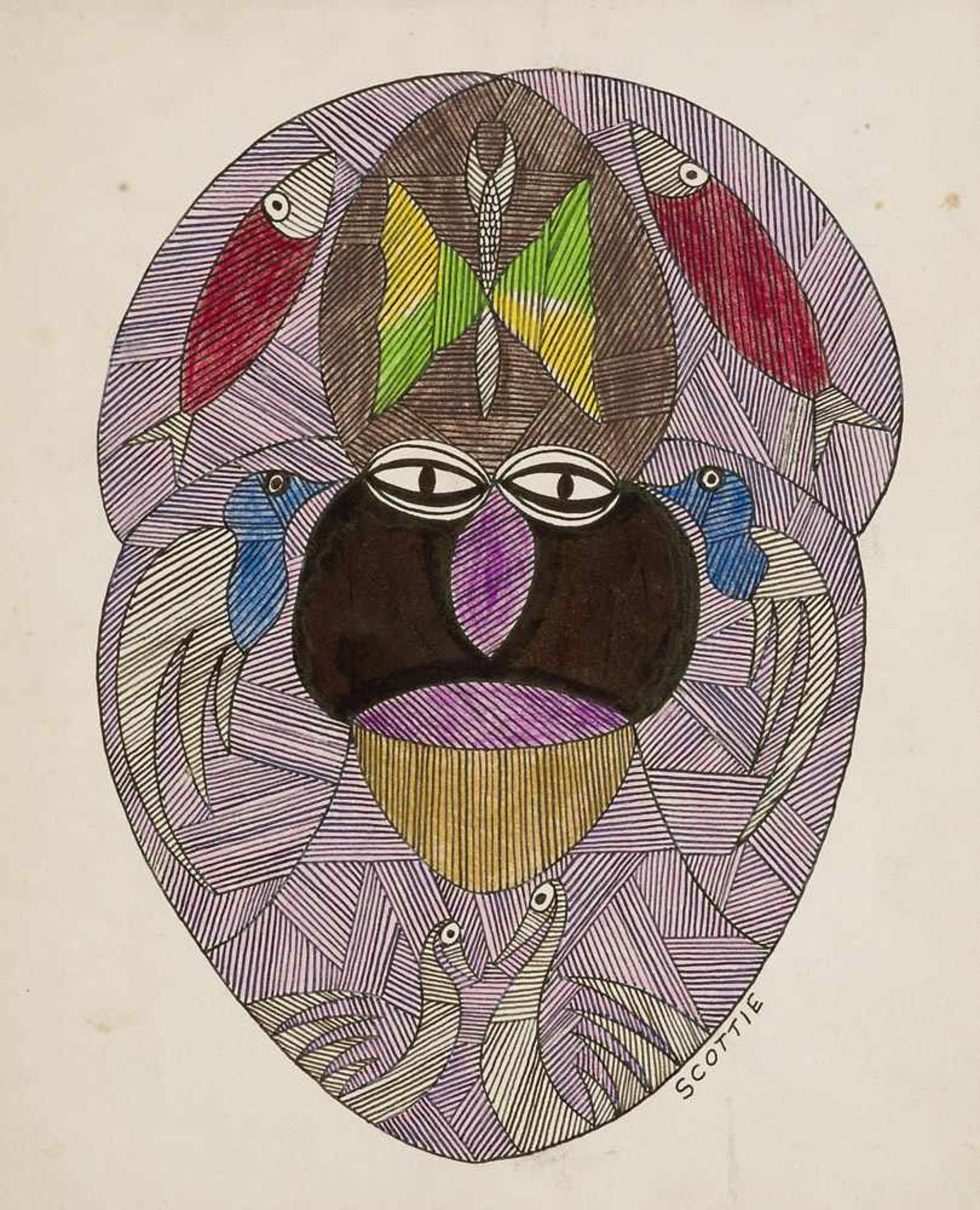 Art Brut - - Wilson, Scottie. (1888 - 1972). Untitled (Maske). Tinte, Buntstift und Bleistift auf