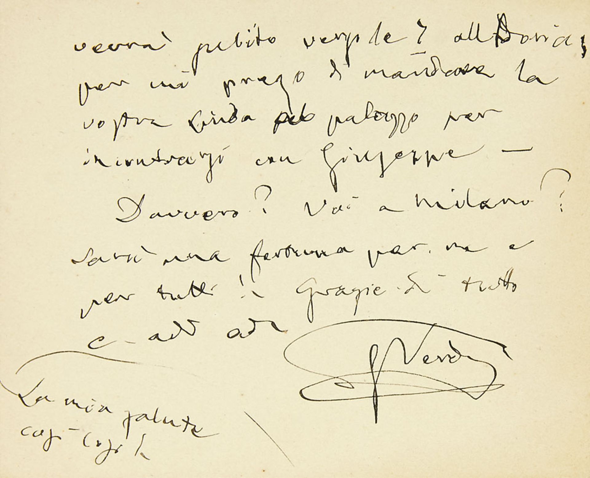 Musik - - Guiseppe Verdi. Eigenhändiger Brief an Giuseppe de Amicis vom 3. Januar 189