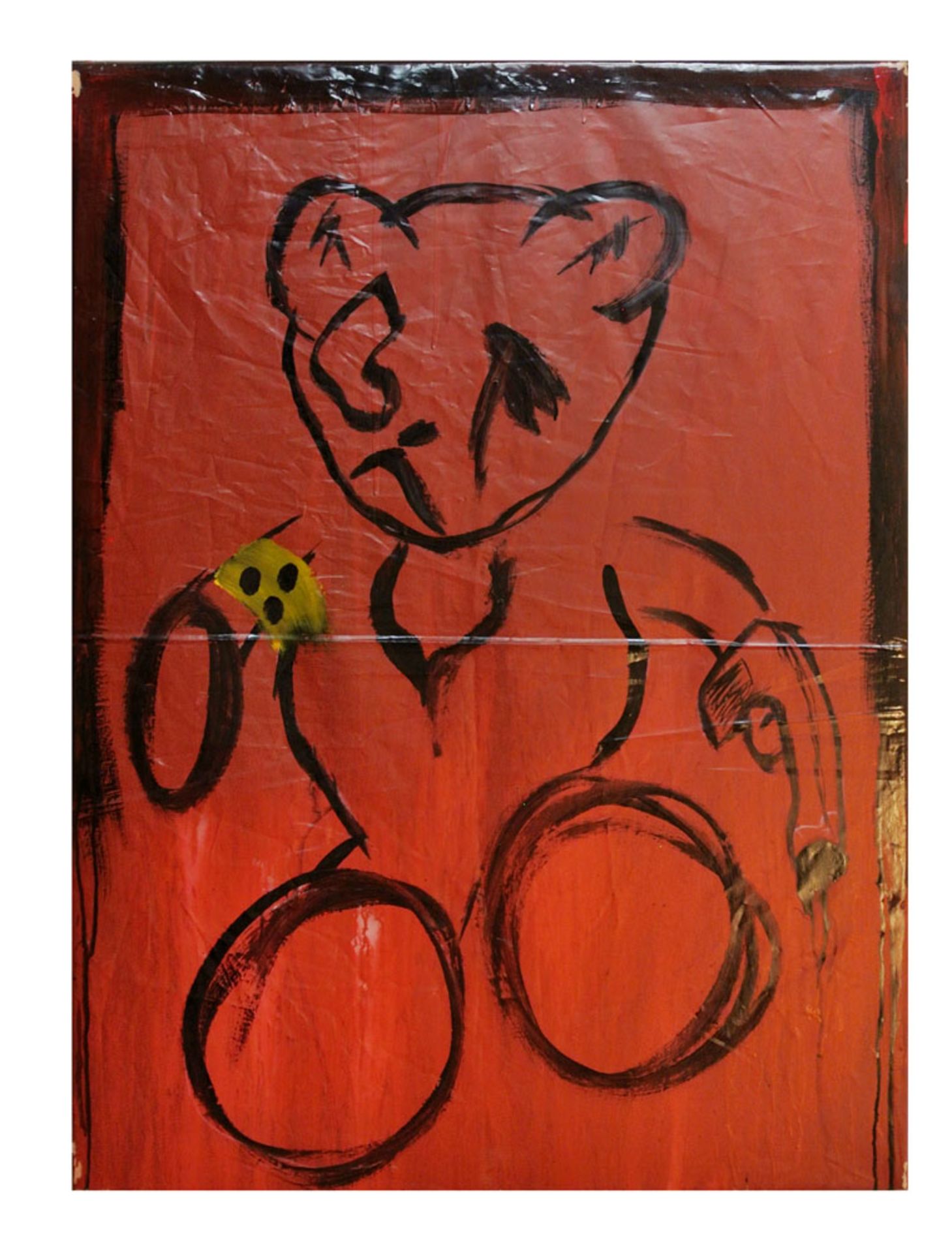 230 - - Erwin Kneihsl. "Blinder Teddy mit Pistole". Um 1980. Acryl auf Folie, Keilrahm