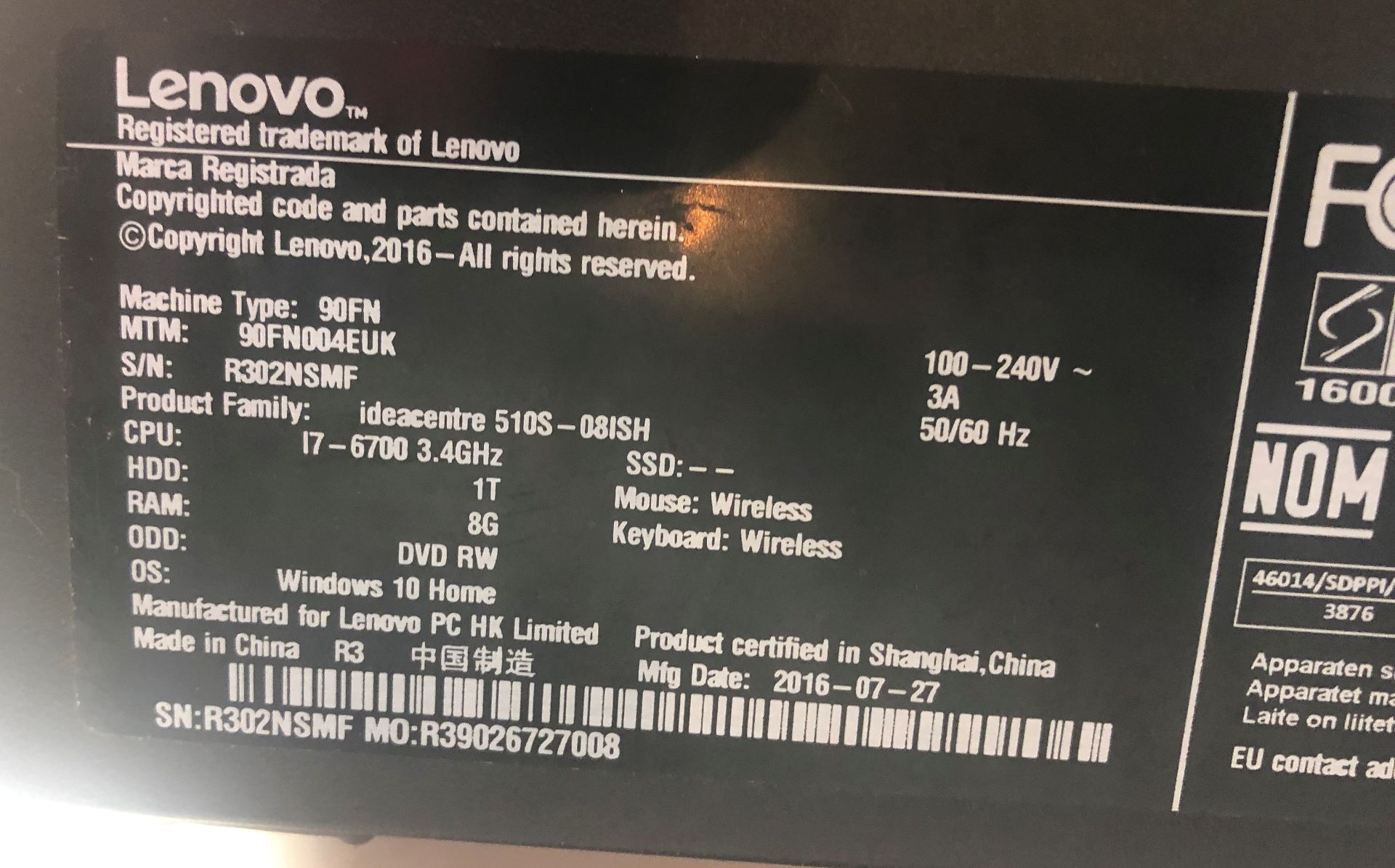 Lenovo 90FN Desktop Computer | Intel Core i7-6700 3.40GHz - Image 4 of 4