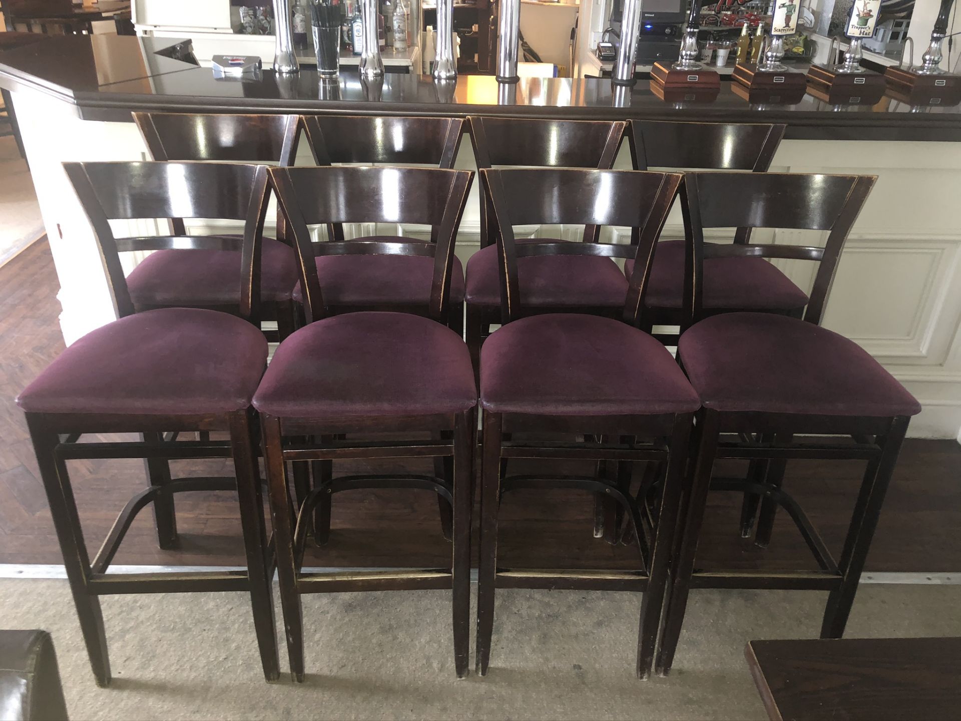 8 x Wooden Bar Chairs w/ Cushioned Seating in Purple - Image 2 of 3