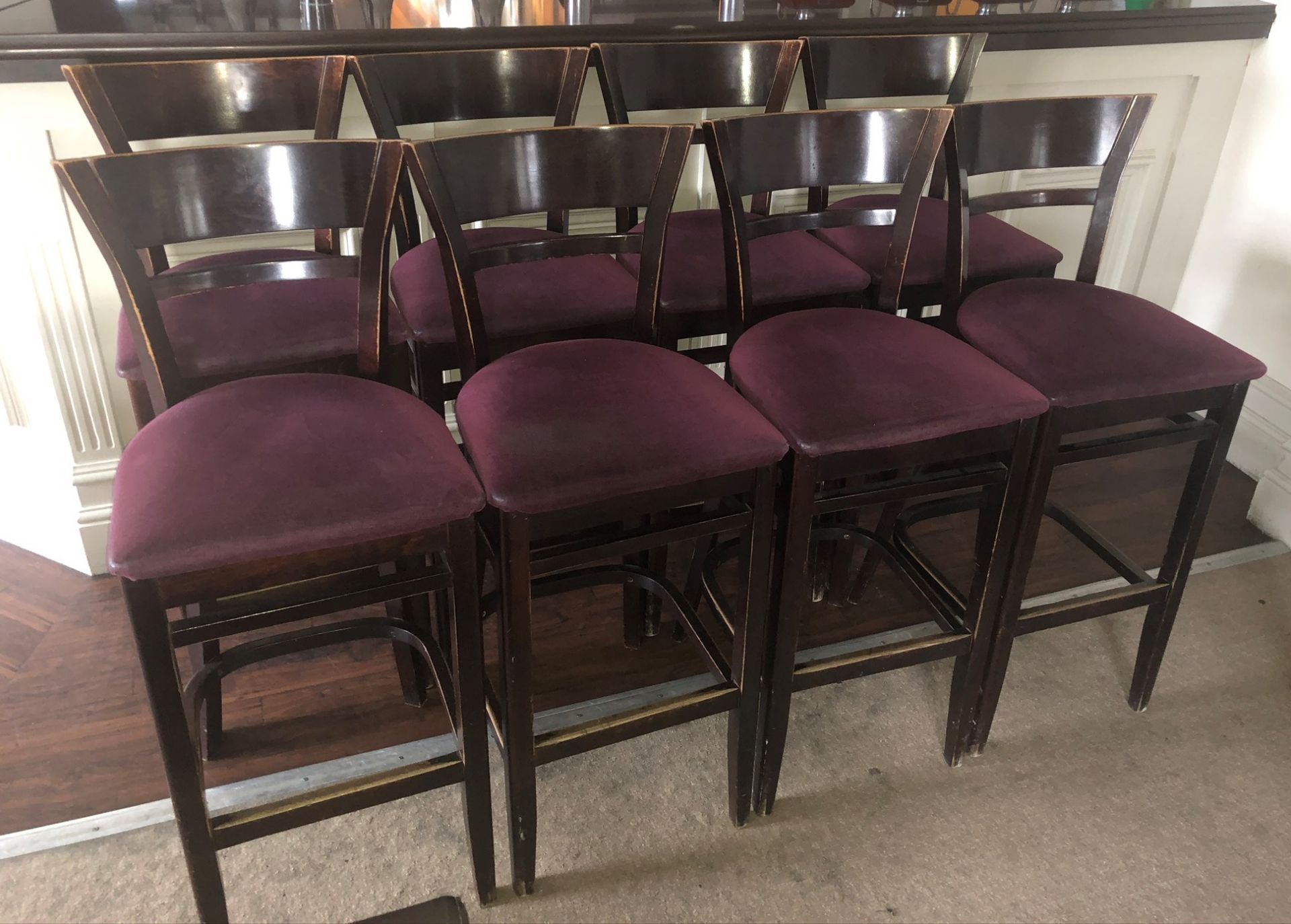 8 x Wooden Bar Chairs w/ Cushioned Seating in Purple