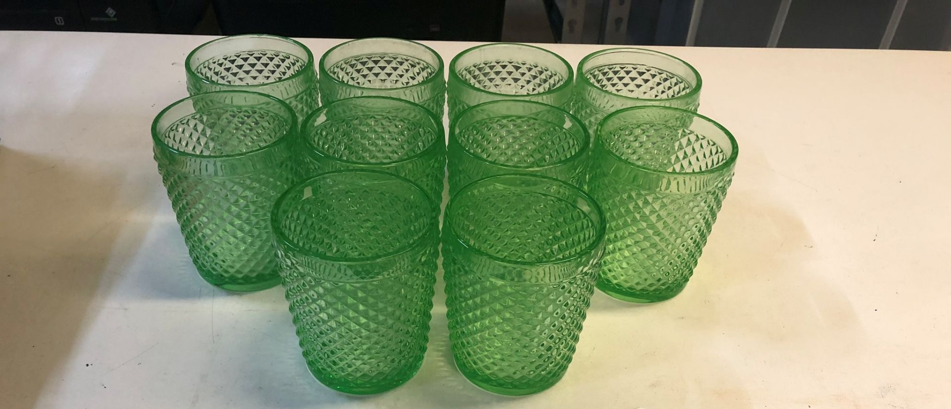 10 x Green Patterned Spirit Glasses