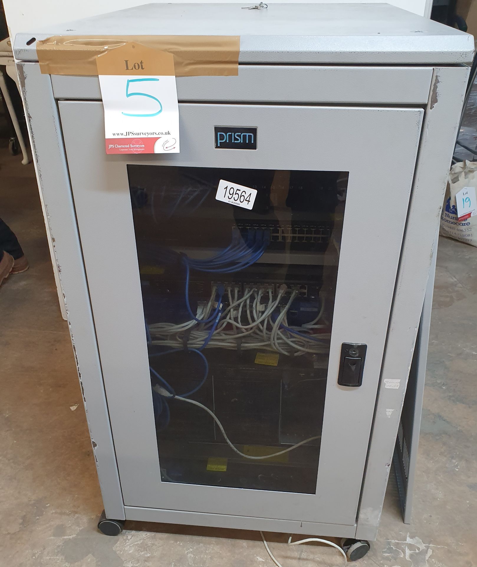 Prism Server Cabinet w/ gigabit switches, modems, KVM, UPS, etc. (see description)