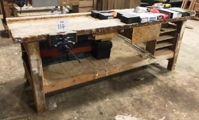 Wooden Workbench w/ Record 52 1/2 Vice | Approx Length 2.4m | CONTENTS NOT INCLUDED