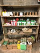 Wooden Shelf w/ Contents Including Various New & Part Used Adhesives | Lubricants & Nails