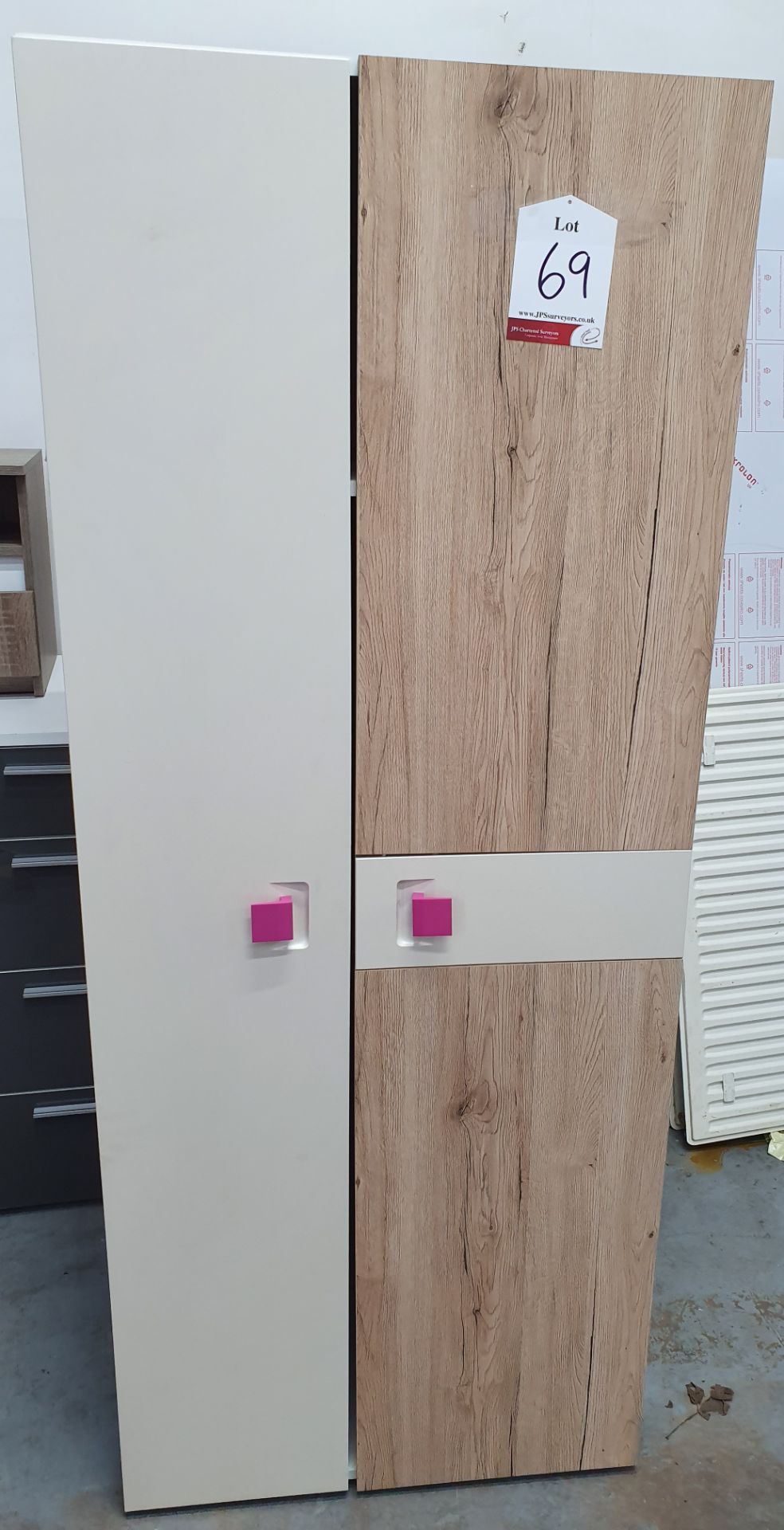 Light Oak & White Wardrobe w/ Pink Handles