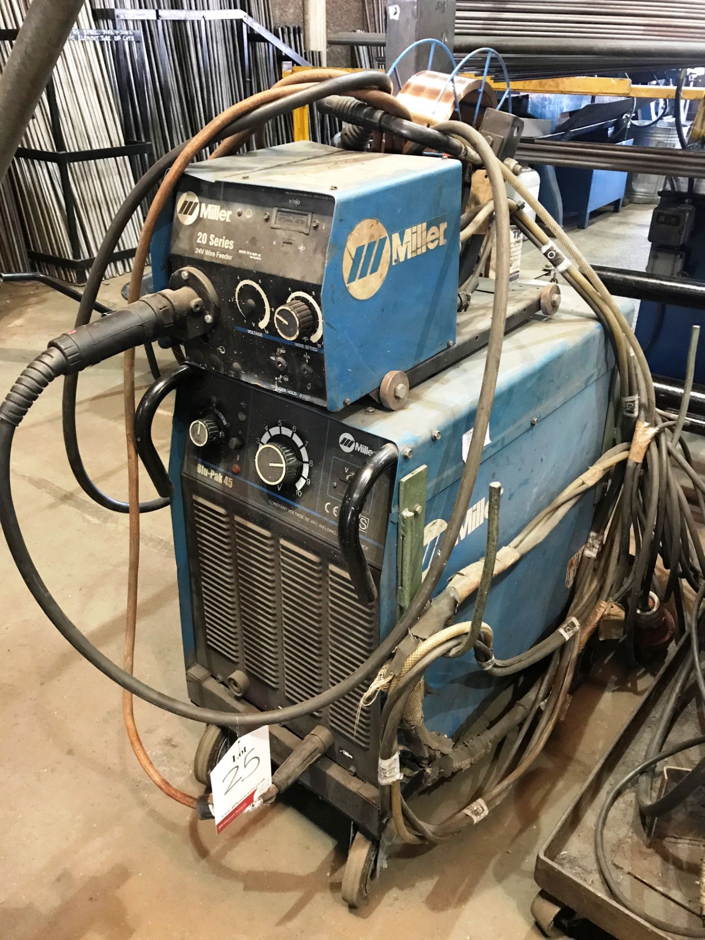 Miller Blue Pak 45 Mig Welder w/ Miller 20 Series 24V Wire Feed Unit, Clamp & Welding Guns