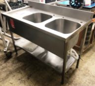 Stainless Steel Double Bowl Sink Unit w/ Undershelf & Backsplash | 135cm x 65cm x 90cm