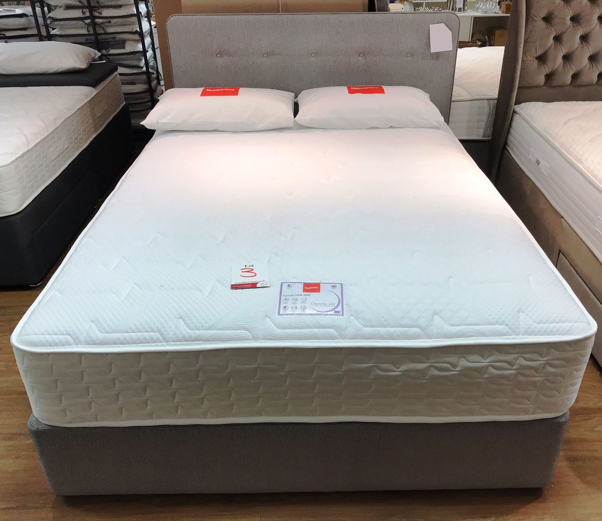 Ex Display Slumberland Synergy Latex 1600 King Mattress w/ 2 Drawer Bed Frame & Buttons Headboard in