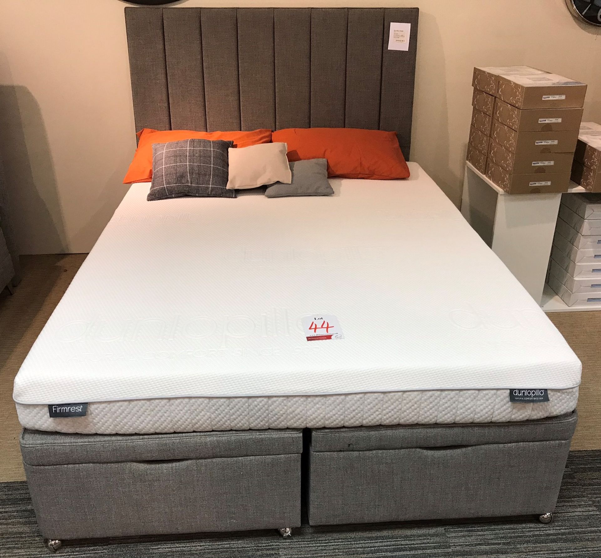 Ex Display Dunlopillo King Size Firm Rest Mattress w/ Manual Ottoman Frame & Extra Height Headboard